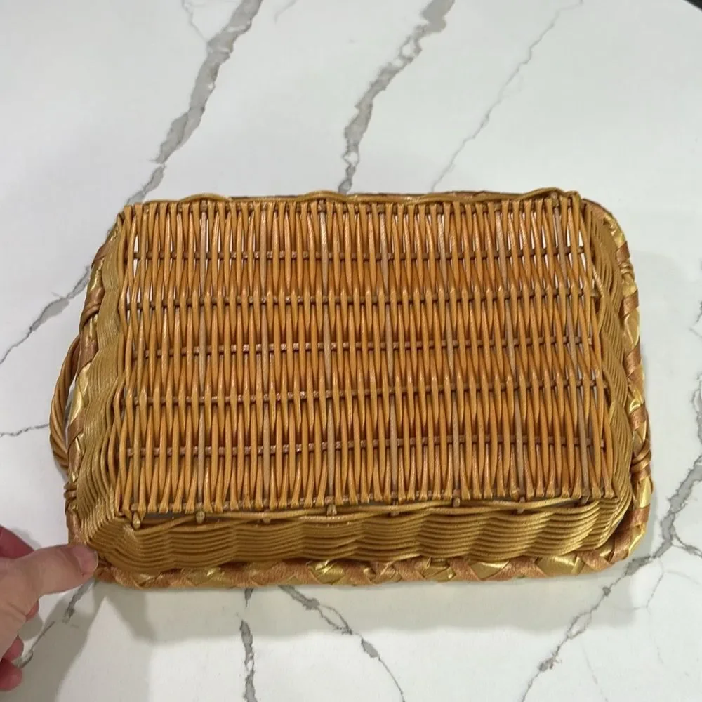 Tan Brown Wicker Weave Basket with Handles Bread Trinkets Keys